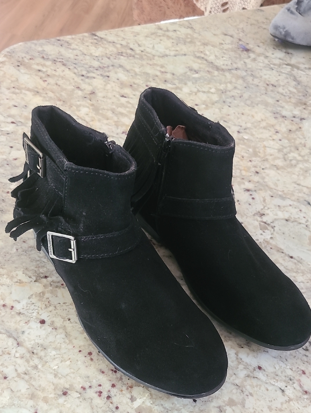 Minnetonka Black Suede Fringe Buckle Ankle Boots